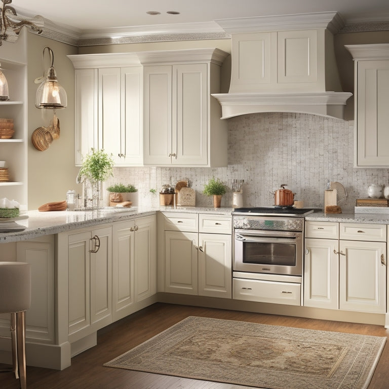 A warm, well-lit kitchen featuring Merillat cabinets in a soft, creamy white finish, adorned with ornate hardware, surrounded by gleaming countertops and a large, stainless steel range.