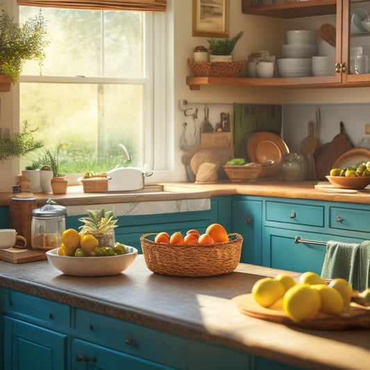 A warm, natural light-filled kitchen with cluttered countertops, overflowing cabinets, and a messy sink area, contrasted with a single, tidy, organized drawer or shelf in the background.