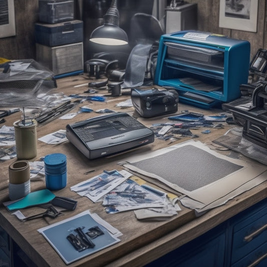 A cluttered workshop desk with scattered printer manuals, torn paper scraps, and empty ink cartridges, surrounded by magnifying glasses, screwdrivers, and a disassembled Pixma Pro-100 printer in the center.