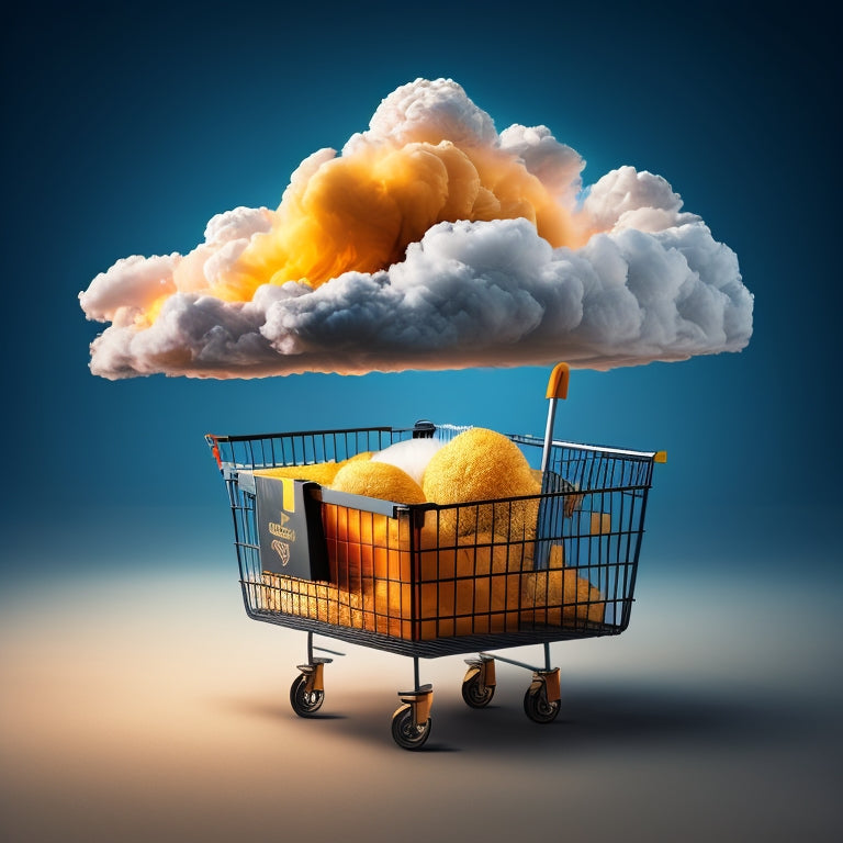 An illustration of a shopping cart bursting out of a small screen, with clouds and arrows surrounding it, connected to a large storage unit labeled with the Amazon S3 logo.