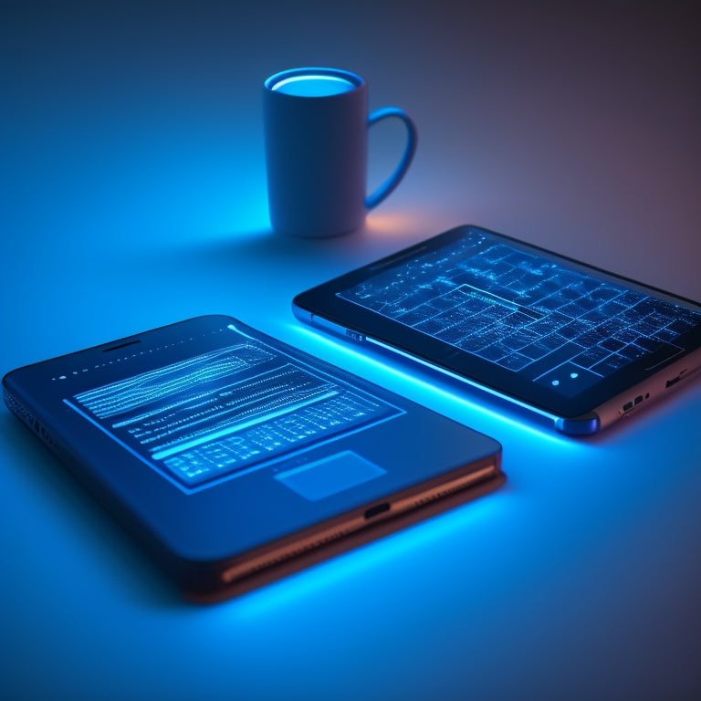 A minimalist illustration of two smartphones, one with a blue Bluetooth icon glowing on its screen, connected to a laptop with a file transferring from one device to another, surrounded by subtle circuitry patterns.