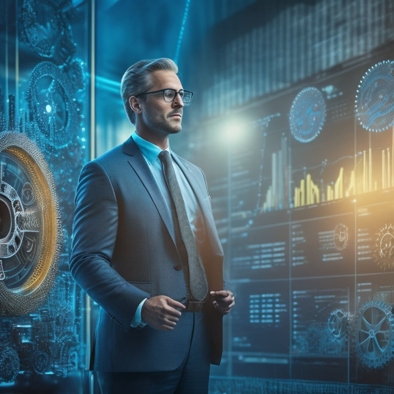 An illustration of a businessman standing in front of a large, glowing graph with rising profit lines and falling cost lines, surrounded by gears, cogs, and other machinery elements.