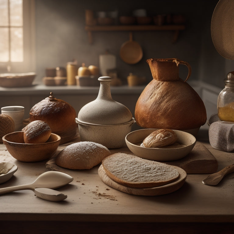 A warm, golden-lit kitchen scene featuring a rustic wooden table with a thriving sourdough starter in a ceramic bowl, surrounded by flour-dusted utensils and a few perfectly baked loaves.