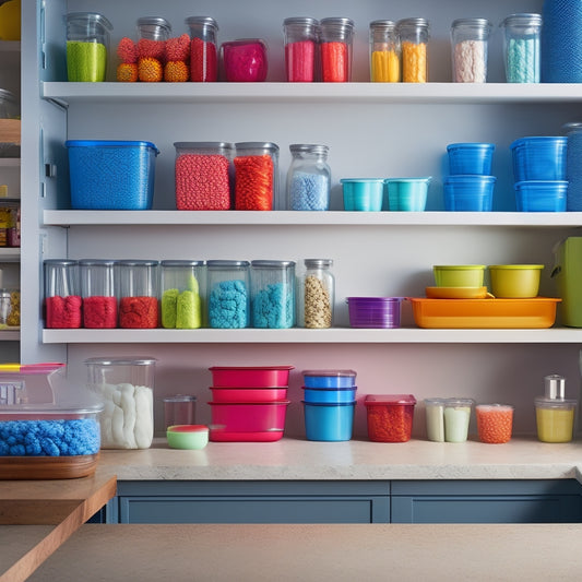 A tidy kitchen cabinet with adjustable shelves, soft-close drawers, and dividers, showcasing a rainbow of Tupperware containers stacked and organized in a visually pleasing, harmonious arrangement.