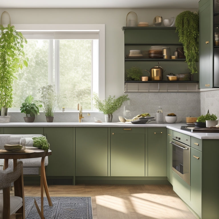 A serene kitchen with sleek, empty countertops, a few strategically placed appliances, and a single, thriving green plant on a wall-mounted shelf, surrounded by warm, natural light.