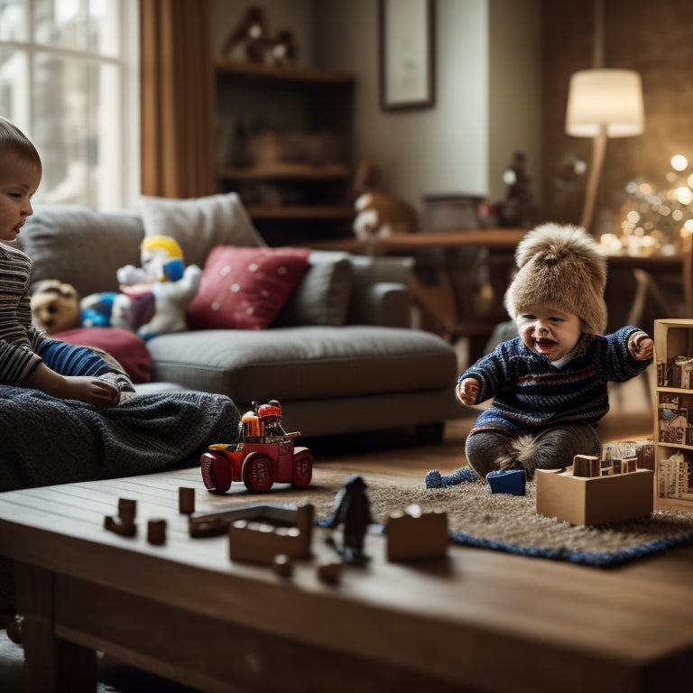 A warm, cozy living room with a Toniebox on a wooden table, surrounded by scattered Tonies, a few toys, and a happy child in the background, playing with blocks.