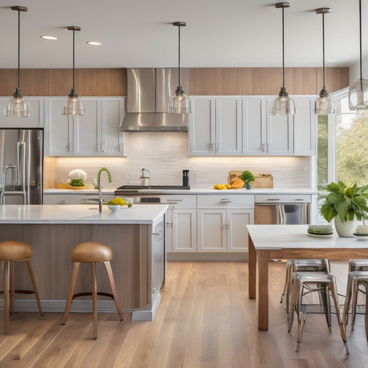 A sleek, modern kitchen with stainless steel appliances, quartz countertops, and a large island with pendant lights, set against a backdrop of warm, natural wood flooring and crisp white cabinets.