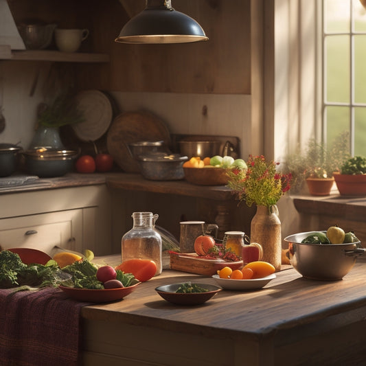 A warm and inviting kitchen with a few strategically placed utensils and cookbooks, a mixing bowl on a worn wooden table, and a few fresh vegetables on the counter, illuminated by soft morning light.