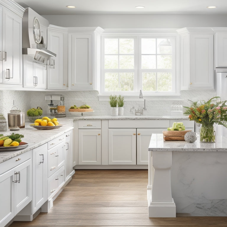 A bright and airy kitchen with gleaming white cabinets, stainless steel appliances, and a large island adorned with fresh flowers and a few strategically placed decorative items.