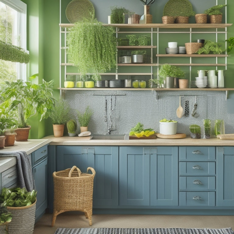 A bright, modern kitchen with a mix of open and closed storage: glass-front cabinets, woven baskets, and a pegboard with hooks, showcasing organized utensils, fresh produce, and a few strategically placed green plants.