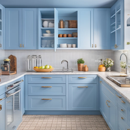 A bright, modern kitchen with a mixture of open and closed cabinets, showcasing clever storage solutions: a utensil organizer, a pull-out trash can, and a lazy Susan in a corner cabinet.