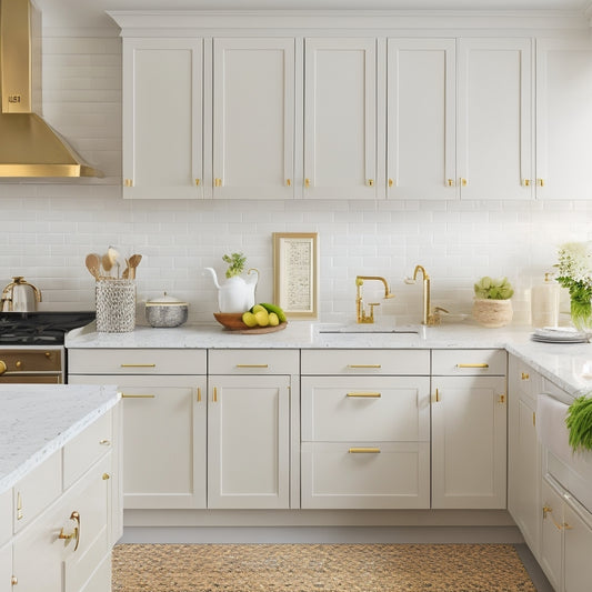 A bright, modern kitchen with sleek white cabinets, adorned with elegant, gold-rimmed label holders and matching utensil organizers, against a soft, creamy beige background.