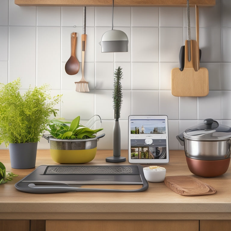 A tidy kitchen countertop with an iPad propped against a wooden utensil holder, surrounded by neatly arranged kitchen utensils, a small potted herb, and a cable organizer with a few plugged-in devices.