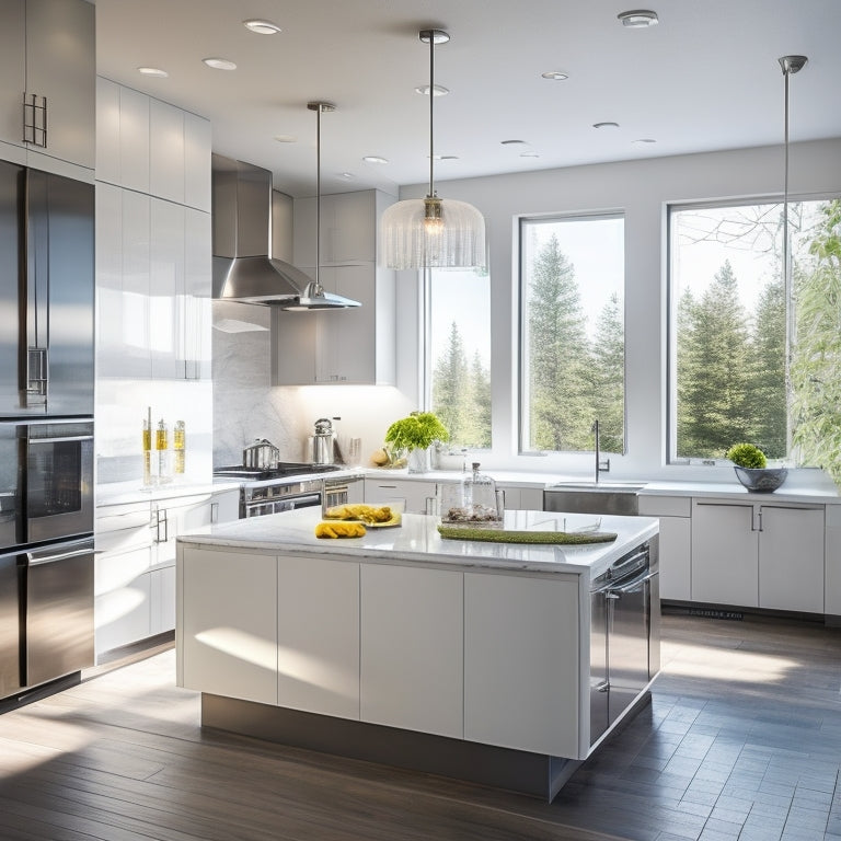 A sleek, modern kitchen with high-gloss, white cabinets, quartz countertops, and stainless steel appliances, illuminated by warm pendant lighting and a large, floor-to-ceiling window.