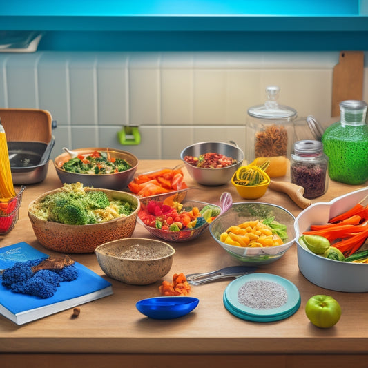 An illustration of a cluttered kitchen counter with a half-open cookbook, a tangled mess of kitchen utensils, and a few wilted vegetables, surrounded by takeout containers and food delivery bags.