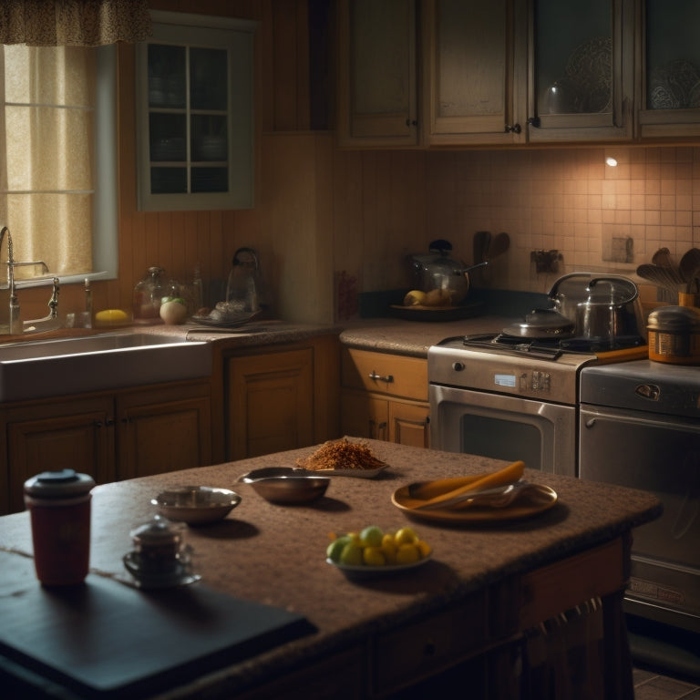 A dimly lit kitchen with cluttered countertops and worn-out cabinets, featuring a few scattered crumbs, a forgotten utensil, and a faint shadow of a cockroach in the corner.