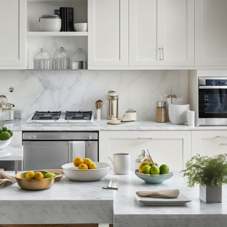 A serene, white kitchen with a few, strategically-placed, sleek digital devices (e.g. tablet, smart display) on marble countertops, surrounded by sparse, modern cookware and utensils, amidst a clutter-free backdrop.