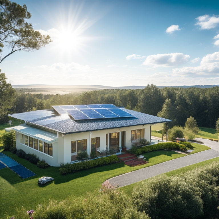 A serene landscape with a modern suburban home in the center, surrounded by lush greenery, with solar panels installed on the roof, shining brightly under a clear blue sky with a few white, puffy clouds.