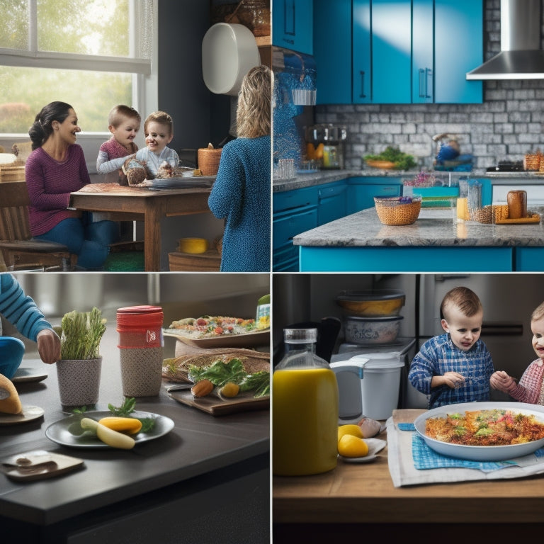 A bustling kitchen scene: a calendar on the fridge, a mom planning meals with a cup of coffee, a kid's lunchbox and water bottle nearby, with a faint background of a family dinner table.