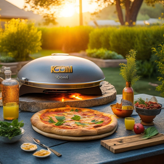 A warm, golden-lit outdoor setting with a sleek Ooni Koda 12 pizza oven in the center, surrounded by fresh basil, mozzarella, and various toppings, and a perfectly cooked pizza being slid onto a wooden peel.