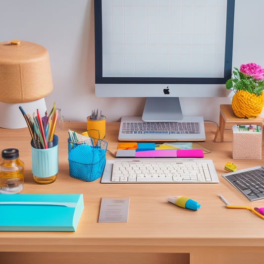 A modern wooden desk with a laptop, surrounded by colorful craft supplies, half-finished DIY projects, and inspirational notes pinned to a corkboard, set against a bright and airy background.