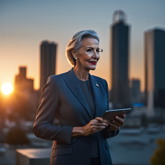 A professional woman in her 50s, dressed in a tailored business suit, stands confidently in front of a city skyline at sunset, with a subtle smile and a tablet in hand.