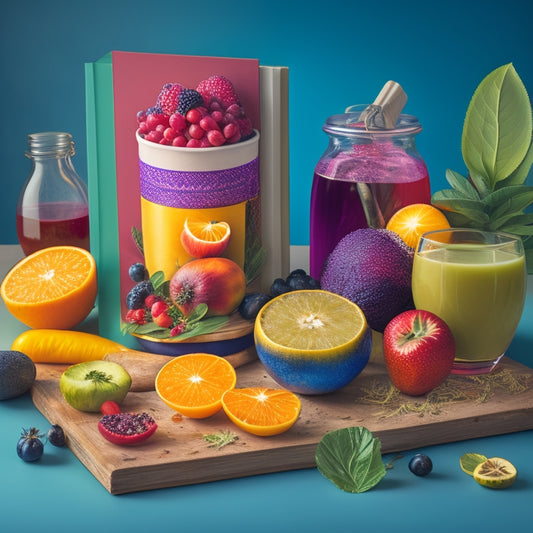 A vibrant and colorful illustration of a cookbook with a 3D effect, surrounded by various fruits, vegetables, and herbs, with a subtle glass of juice or smoothie in the background.
