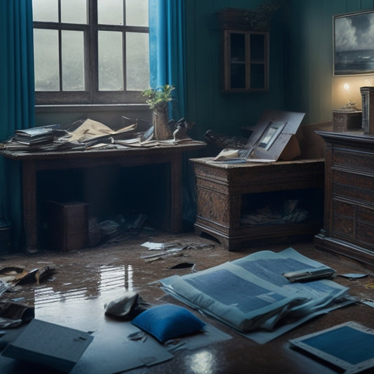 A dramatic, stormy background with a flooded room, destroyed furniture, and scattered papers. Amidst the chaos, a waterproof safe or fireproof box stands intact, with a few crucial documents peeking out.