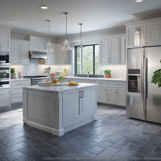 A modern kitchen with a large island, sleek cabinets, and stainless steel appliances, surrounded by various digital devices displaying 3D kitchen design models and floor plans.