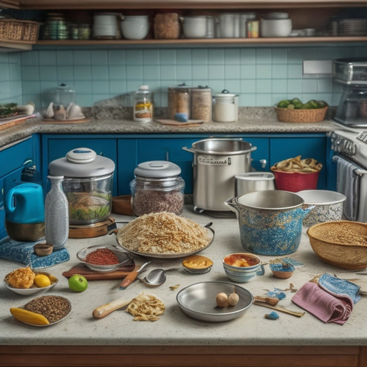 A cluttered kitchen countertop with a mix of utensils, appliances, and food items, surrounded by crumbs, spills, and stains, with a few open cabinets and drawers in the background.