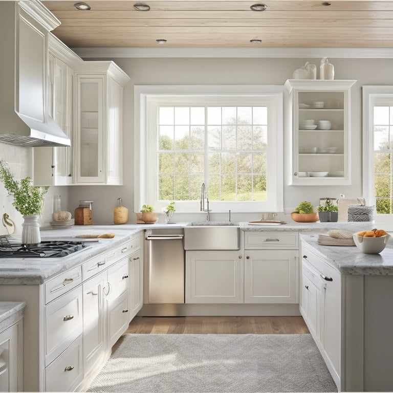 A serene, modern kitchen with cream-colored cabinets, stainless steel appliances, and a large island featuring a farmhouse sink, surrounded by warm, natural light pouring in from a skylight above.