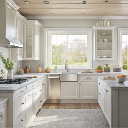 A serene, modern kitchen with cream-colored cabinets, stainless steel appliances, and a large island featuring a farmhouse sink, surrounded by warm, natural light pouring in from a skylight above.