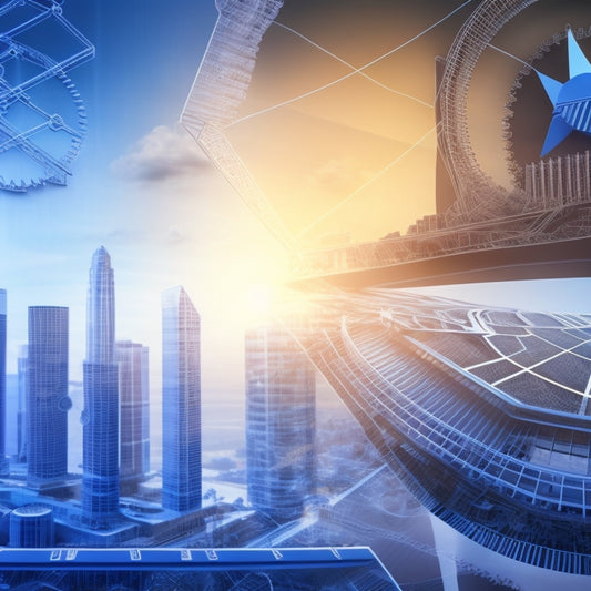 An abstract illustration featuring a blueprint background with fragmented building silhouettes, overlaid with interlocking gears, scales, and faint copyright symbols, conveying the intersection of architecture and law.