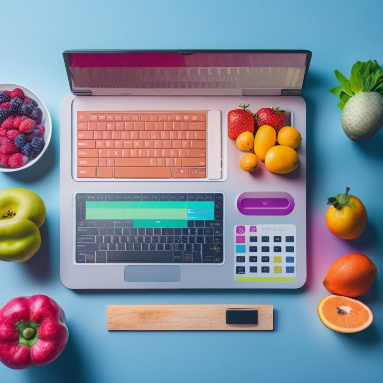 A colorful, minimalist illustration featuring a laptop, a variety of vibrant fruits and vegetables, and a few meal prep containers, all organized around a calendar or planner layout.