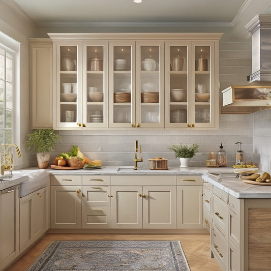 A stylish kitchen with a mix of open shelving, soft-close drawers, and cabinets in various finishes, such as warm oak, sleek white, and rich gray, with ornate hardware and gleaming countertops.