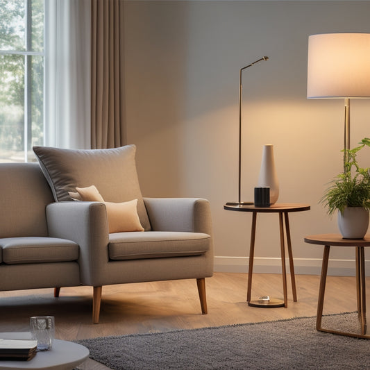A serene, modern living room with a comfortable armchair, a side table, and a floor lamp, featuring Aluratek's sleek, white e-reader with a warm glow on its screen.