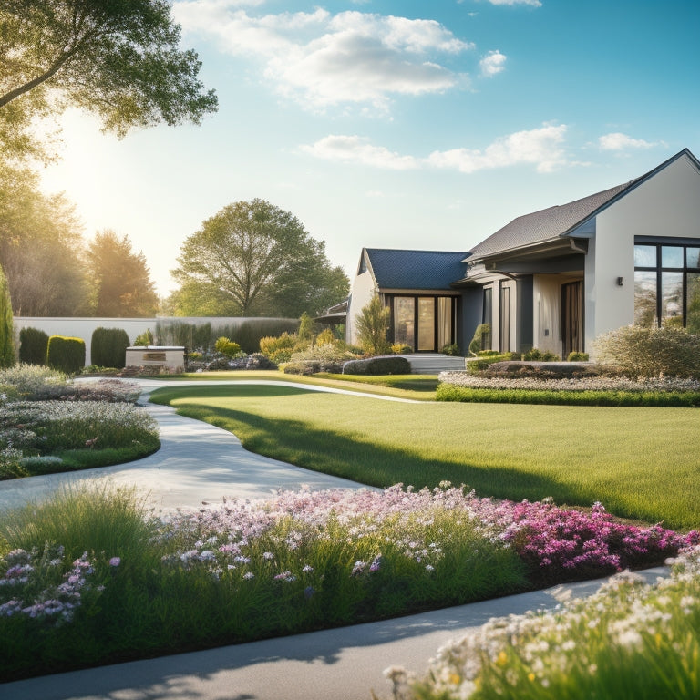 A luxurious modern home with a sold sign on the front lawn, surrounded by blooming flowers and a sunlit pathway, with a faint blueprint of a house subtly integrated into the background.