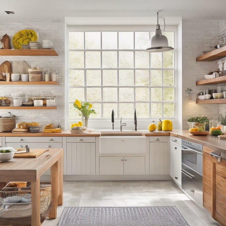 A bright, modern kitchen with sleek cabinets, a central island, and a large window. Open shelves display cookbooks and decorative items, while a pegboard and hanging utensils create a functional backdrop.