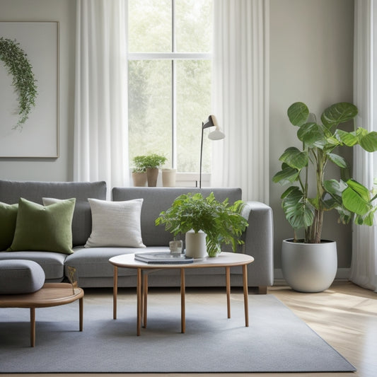 A serene, minimalist living room with a few, carefully-curated possessions, surrounded by plenty of negative space, warm natural light, and a few lush green plants, exuding a sense of calm and simplicity.