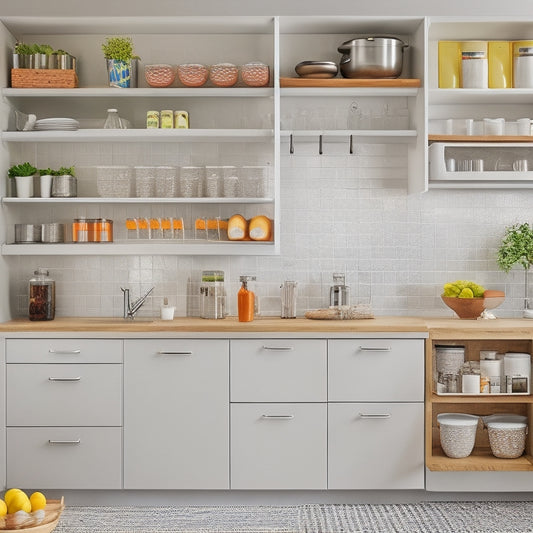 A bright, modern kitchen with sleek white cabinets, a compact island, and a wall-mounted pegboard displaying utensils, surrounded by clever storage units like a pull-out spice rack and a hidden trash can.