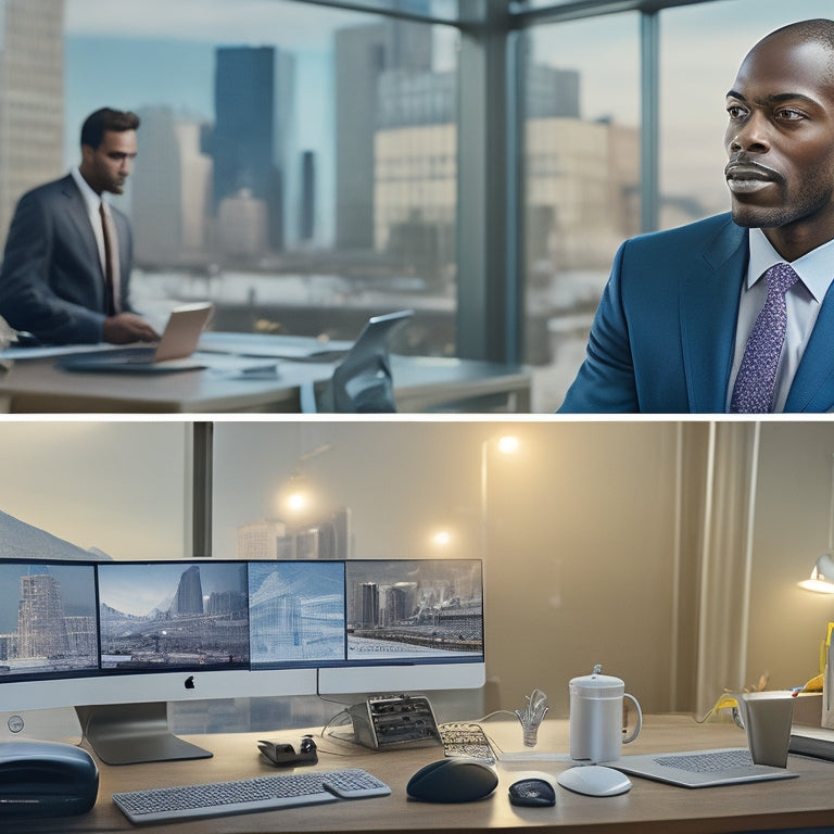 A split-screen image featuring a professional, diverse individual in a modern office setting, surrounded by laptops and papers, juxtaposed with a cityscape or factory background, conveying business and industry.