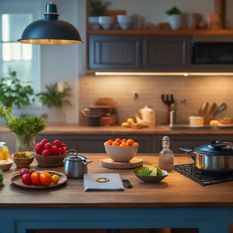 A warm, well-lit kitchen with a single cook standing at a counter, surrounded by ingredients and utensils, with a laptop open to a cooking class website in the foreground.