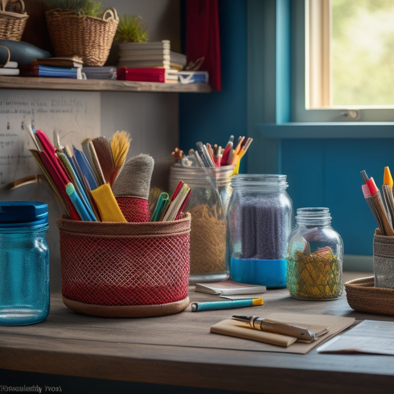 A cluttered office desk transforms into a stylish workspace, surrounded by repurposed household items: a vintage window turned chalkboard, a woven basket storing papers, and a Mason jar filled with colorful pens.