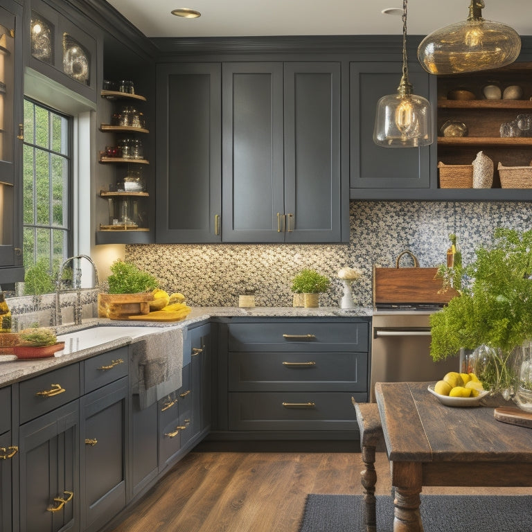 A bright, modern kitchen with a refurbished, distressed-wood hutch featuring ornate metal hardware, glass doors, and a built-in wine rack, surrounded by sleek countertops and pendant lighting.