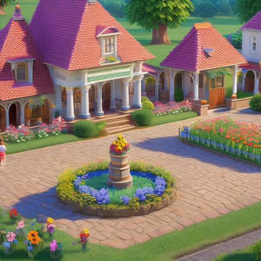 A serene, sun-kissed scene of Stardew Valley's town square, with villagers gathered around a large, ornate wooden podium adorned with flowers, surrounded by freshly renovated homes with vibrant gardens.