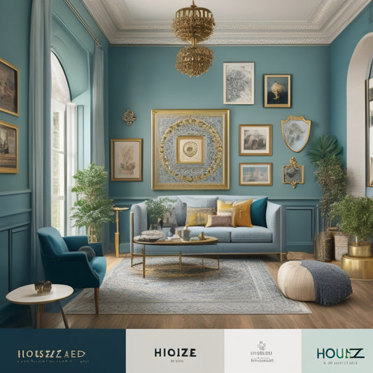 A stylized illustration of a Houzz-inspired room, with a large, ornate frame on the wall, surrounding a blank canvas, surrounded by scattered design materials, like fabrics, paint swatches, and architectural models.