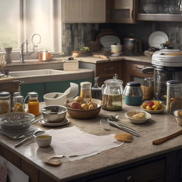 A cluttered kitchen counter with a mix of expired coupons, crumpled grocery lists, and scattered cookbooks, surrounded by a messy backdrop of kitchen utensils and appliances.