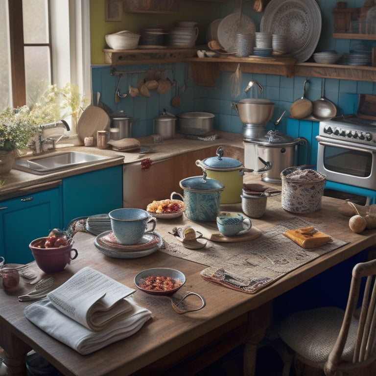 A cluttered kitchen with piles of dirty dishes, utensils scattered all over countertops, and a messy island with open cookbooks, recipe papers, and a blender with its cord tangled around a chair leg.