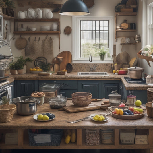 A cluttered kitchen with a laptop open on the counter, surrounded by dirty dishes, utensils, and recipe books, with a half-completed organizational system in the background, featuring mismatched baskets and labels.