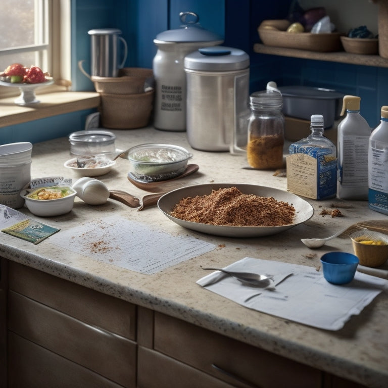 A messy kitchen countertop cluttered with expired coupons, crumpled recipe printouts, and a half-empty utensil holder, with a faint outline of a calendar in the background, surrounded by scattered ingredients.